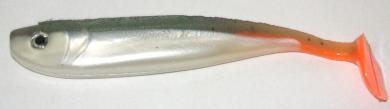 Glücksgummi - Gummifisch - Shad "grau-grün/weiß/orange" Schaufelschwanz 13 cm